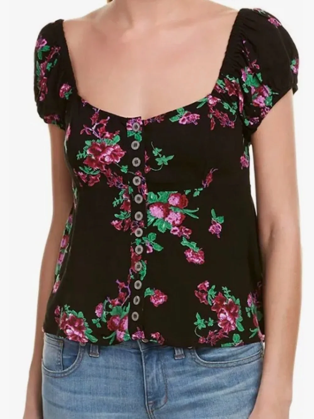 Free people puff sleeve Black Floral Button-Front Women's Top